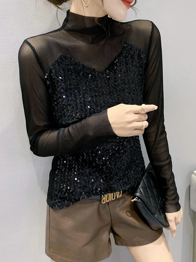 Sexy Long Sleeve T-Shirt Women's Mesh Patchwork Base Shirt Trendy Commute Style Flashing Particle Top In-Style Bottom Shirt