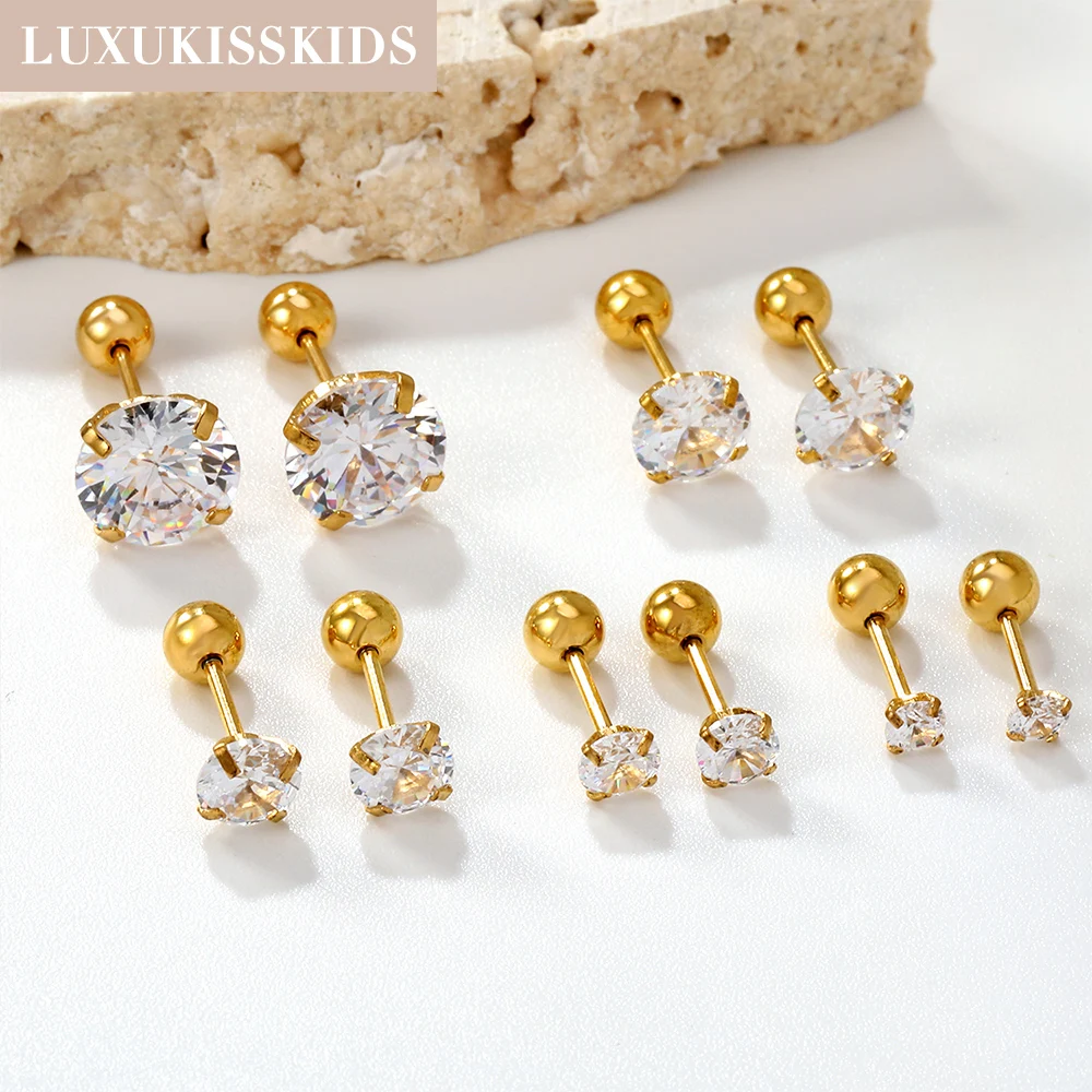 LUXUKISSKIDS 1pairs/2pcs Piercing Men Round Crystal Zirconia Stud Earrings Surgical Steel Jewelry Luxury Clear Rhinestone Unisex