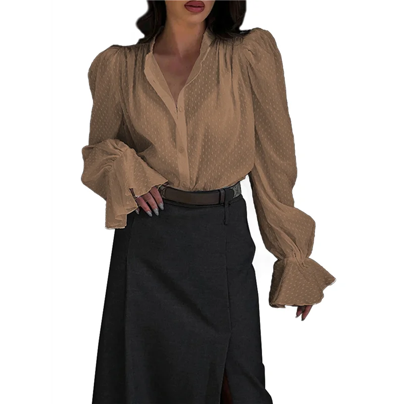 

【Party-Decoration】Womens Blouse Shirt Straw Yellow Solid Color Shirred Cuff V Neck Blouse Trendy Fall Winter Clothes