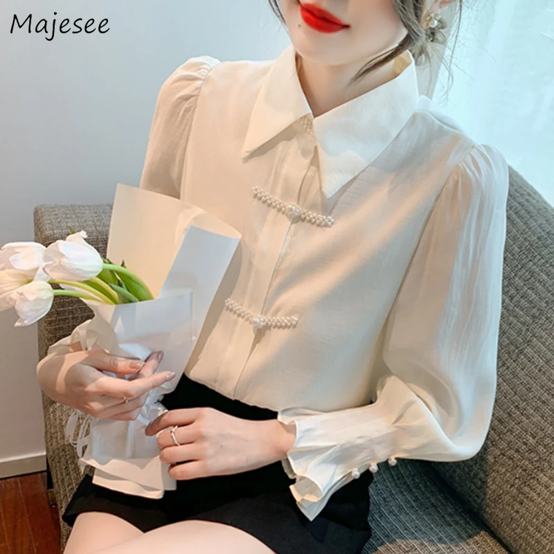 Chinese Style Shirts for Women Retro Pearl Button Ladies Graceful Long Sleeve Shirt High Street Fashion Loose Casual Spring New