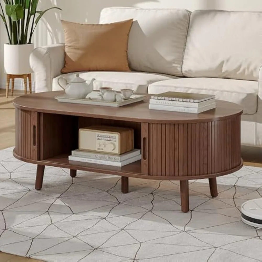 Modern Coffee Table with Sliding Tambour Door, Oval Fluted Coffee Table with Storage, Small Curved Profile Coffee Tables