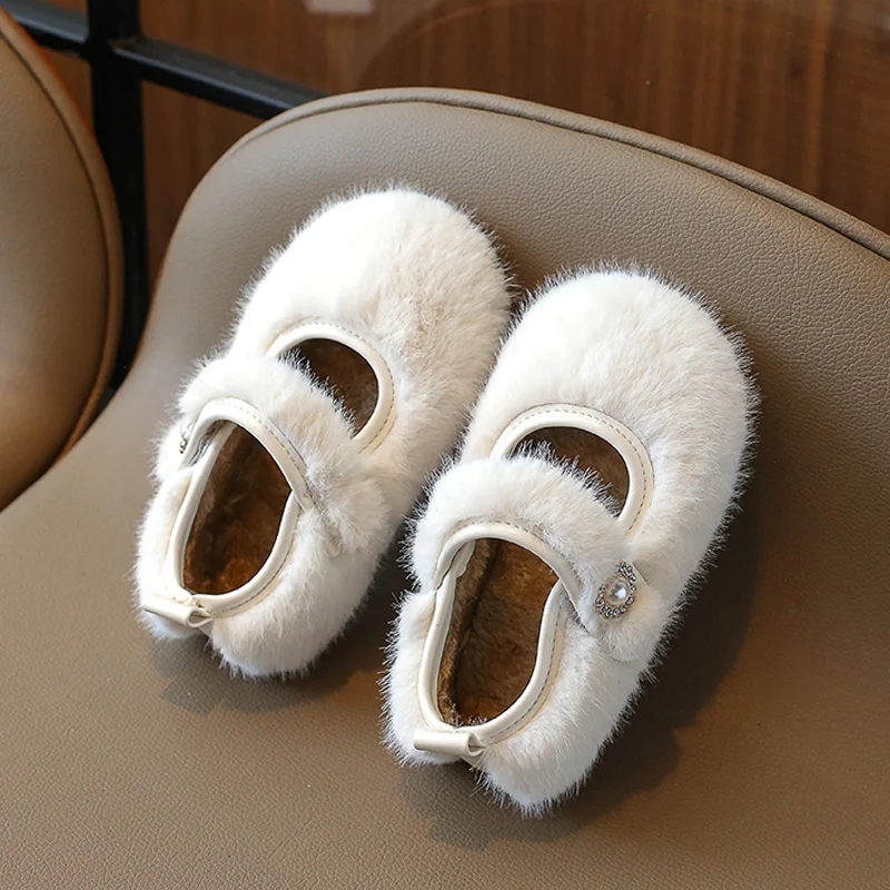 Luxury Manmade Mink Fur Ballet Flats for Baby Girls Winter Warm Loafers Kids Thick Plush Mary Jane Shoe With Rhinestone  Buckles