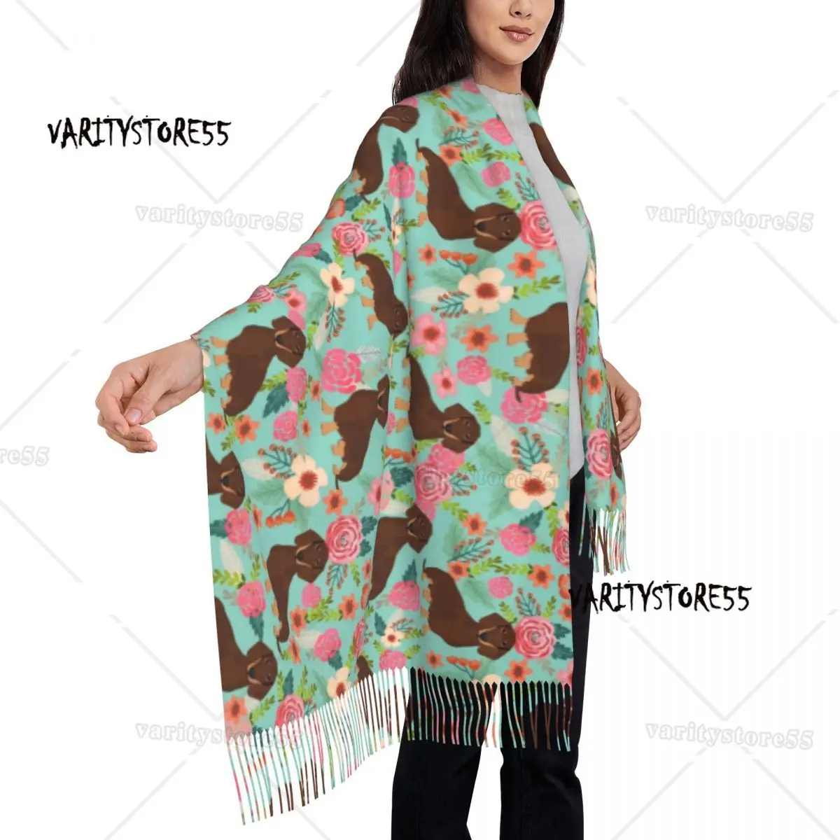 Doxie Florals Dachshund Scarves Women Winter Fall Soft Warm Tassel Shawl Wraps Badger Sausage Dog Scarf