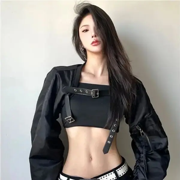 American Sweet Cool Style Belt Black Ultra Short Jacket Women'S Autumn Winter Motorcycle Design Long-Sleeved Top Trendy