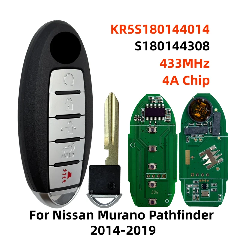 S180144308 KR5S180144014 433 МГц 4A чип 5-кнопочный дистанционный смарт-брелок для автомобиля для Nissan Murano Pathfinder 2014-2019 замок