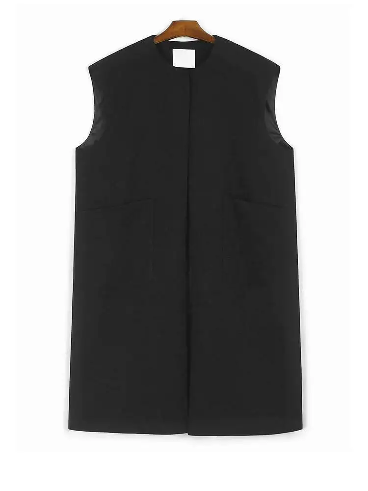 

Женский черный короткий длинный жилет на одной пуговице большого размера, новый модный жилет без рукавов с круглым вырезом, весна-осень