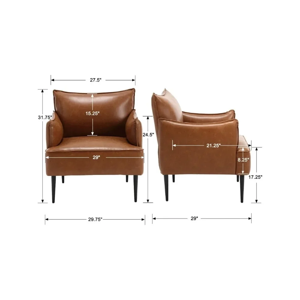 Brown Leather Accent Chairs Set of 2, Modern Club Chairs Single Sofa for Living Room Upholstered Armchair Side Chair with Black