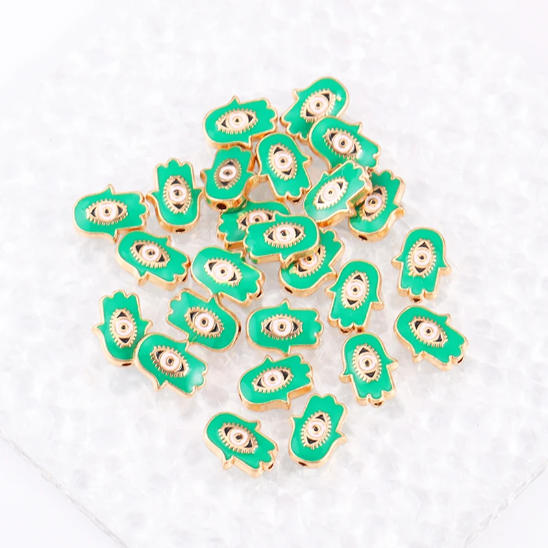 10Pcs Fashion Bohemian Fatima Palm Drip Oil Devil's Eye Alloy Spacer Beads Charm for Jewelry Making Women's Bracelet Necklace