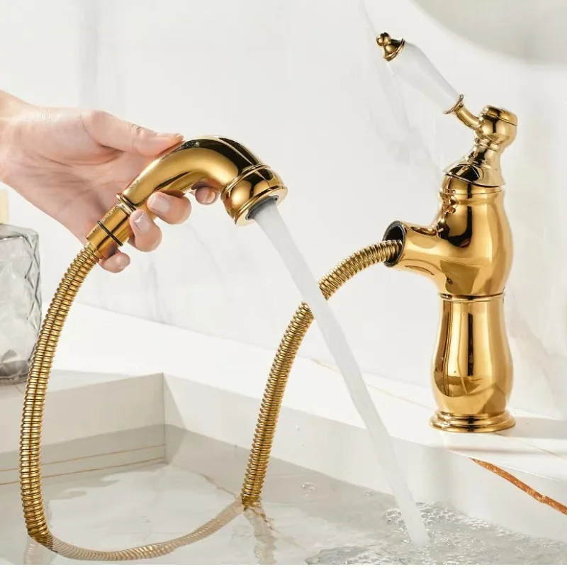 Pull-out Bathroom Sink Faucet Brass Rust-proof Handle Hot Cold Water Mixer Single Head Washing Faucets Bathroom Accessories