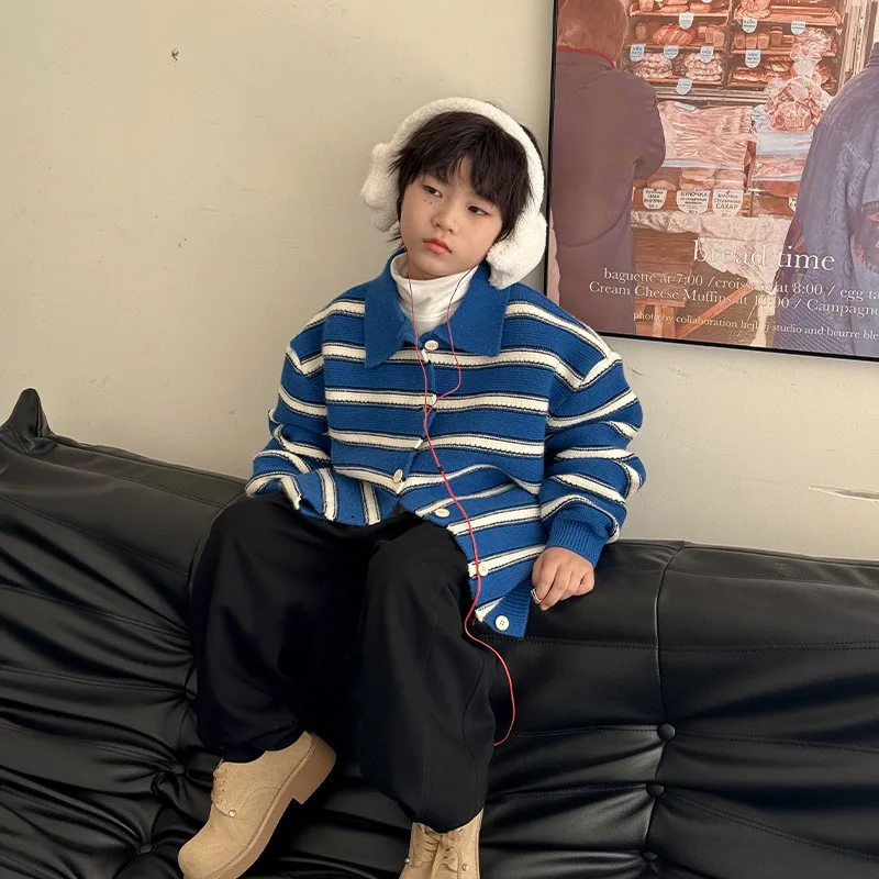 

Autumn Winter Kids Boys Knitted Coat Turn Down Collar Blue Striped Children Boys Sweater Loose Casual Infant Babys Boys Cardigan