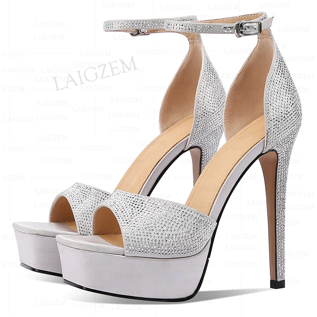 LAIGZEM Women Pumps Platform Open Toe Ankle Straps 13CM Stiletto High Heels Sandals Wedding Ladies Shoes Woman Size 33 37 39 40