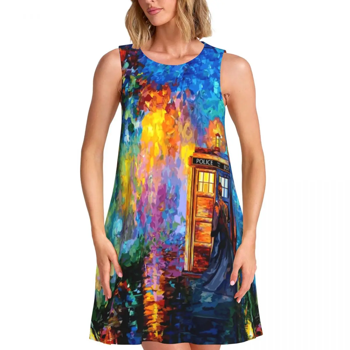Rainbow Splash Tank Dress Abstract Art Print Aesthetic Dresses Sleeveless Club Dress Hot Sale Round Neck Women Pattern Vestidos