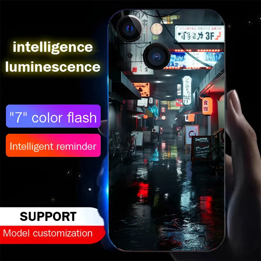 Lonely City Pattern Luminous Glass LED Call Light Up Flash Phone Case For iPhone 16 15 14 13 12 11 Pro Max XR XS Plus 7 8 SE2020 image 5