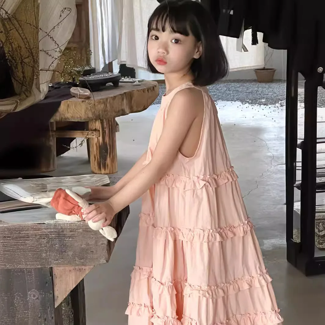 Children Dress 2024 Summer Baby Girls Korean Style Solid Lace Suspender Dress Children Beauty Loose Causal Princess Dress