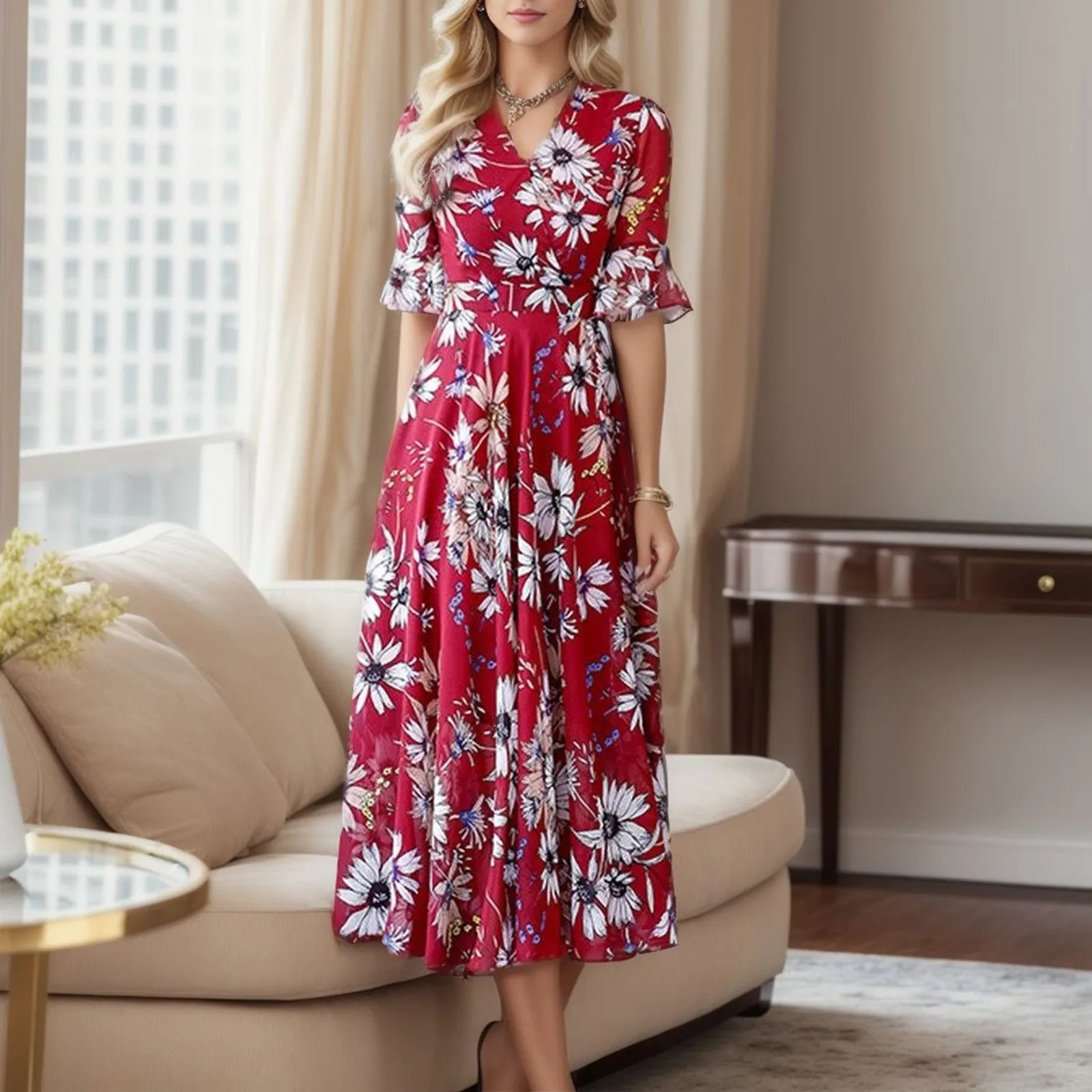 

Fashion Floral Printing Casual Dresses Women V-Neck Short Sleeve Long Floral Print Slim A-Line Dress Women A-line Dress Clothes