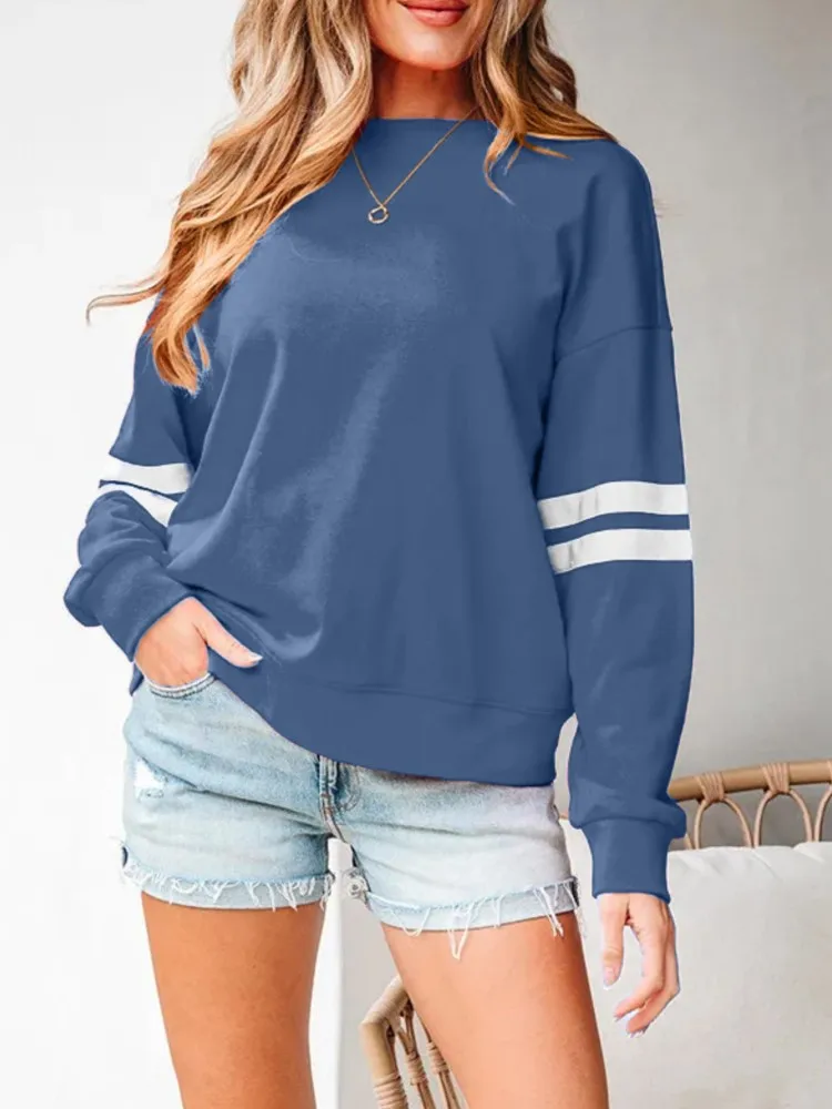 الخريف طويلة الأكمام الرياضية عادية اللون منعت البلوز البلوز المرأة الشارع نمط مطبوعة الجولة الرقبة فضفاضة البلوز