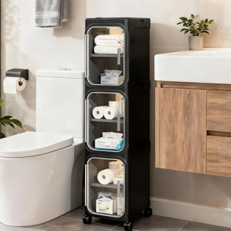 

Tall Narrow Storage Cabinet, Slim Bathroom Storage Cabinet with Adjustable Shelves and Wheels, Narrow Organizer for Small Space
