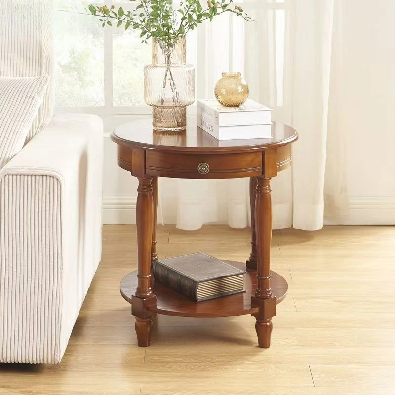 retro small side round living room casual coffee table solid wood corner table round sofa edge