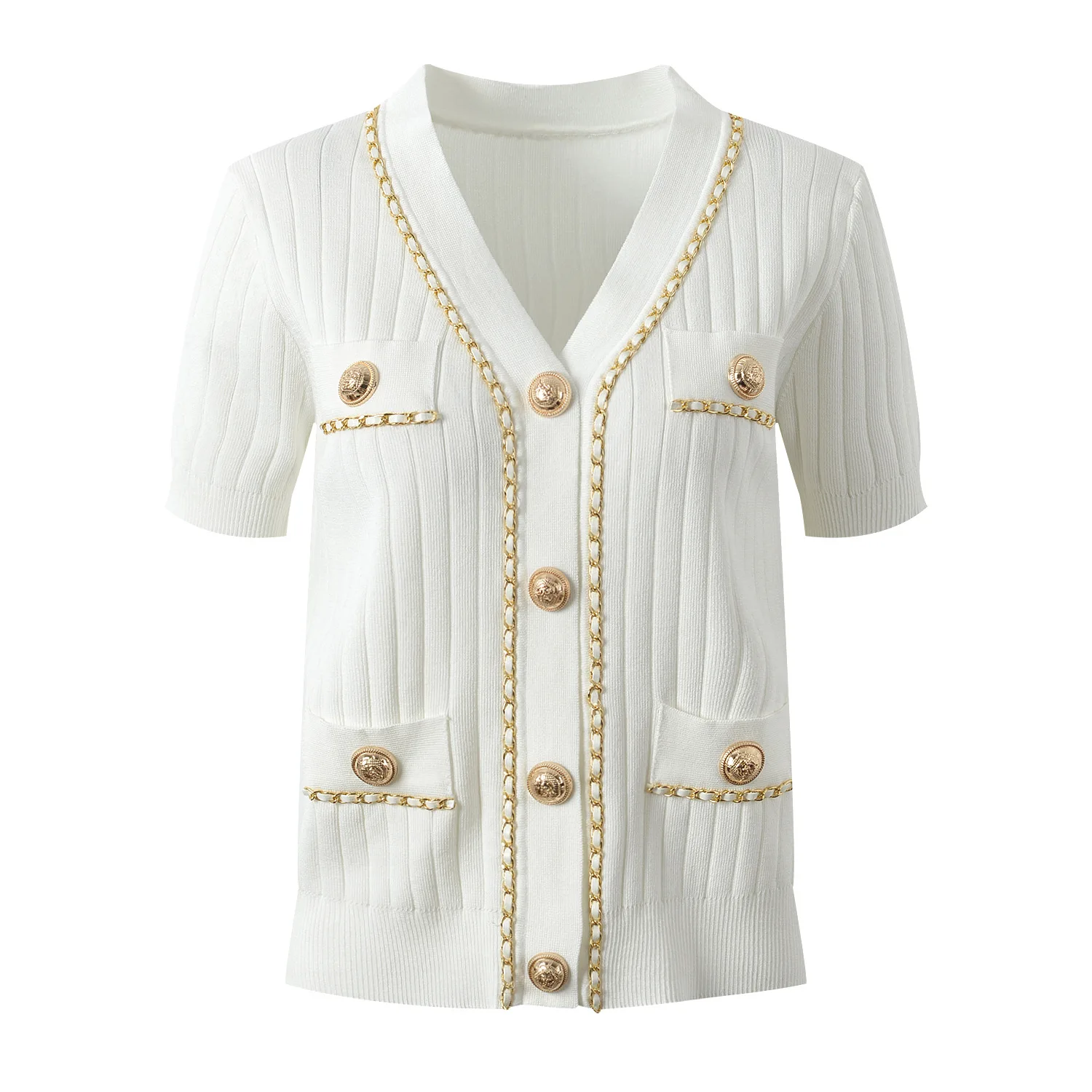 2024 Summer Lady Elegant Style V-neckline Short Sleeve Women Single-breasted Solid Chain Decoration Slim Fitted Knits Cardigan