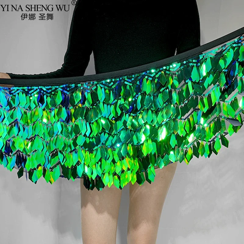 Falda de vientre con lentejuelas para mujer y niña, Mini bufanda de cadera con borla brillante, traje de fiesta Rave, cinturón, traje de actuación, verde brillante