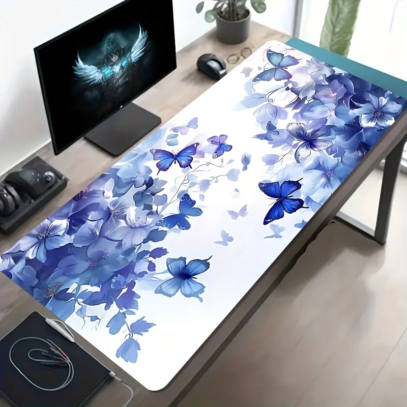 Blue Butterfly Floral Large Gaming Mouse Pad Extra Long Desk Mat Non-Slip Rubber Office