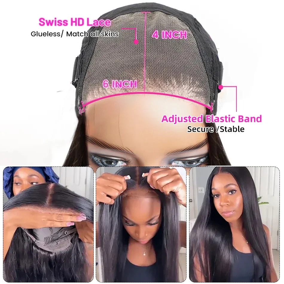 6x4 Hd Pre-Cut Lace Human Hair Wigs Ready To Wear Glueless Wigs Human Hair Straight 180%  Brazilian Lace Closure Wig Preplucked