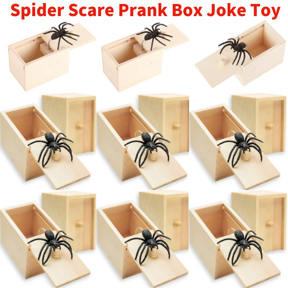 Wooden Trick Box Funny Halloween Party Spider Scare Prank Box Toy Kids Friend Funny Play Game Gift Surprise Box Party Supplies