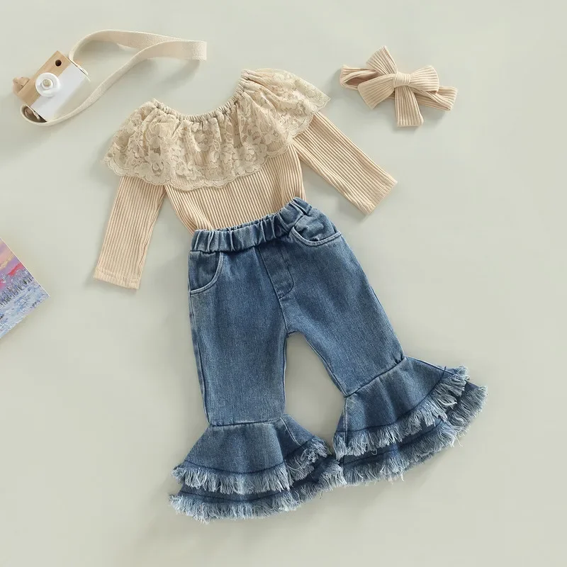 Kids Baby Girl Pant Sets Autumn Clothes Long Sleeve Round Neck Lace Bodysuit Tops and Denim Bell-Bottoms Headband Baby Clothing