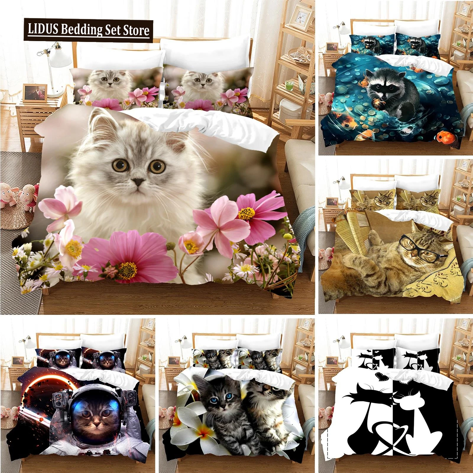 

Lovely Pet Cat Bedding Set Animal Funny Duvet Cover Pillowcases Comforter Cover Bed Linens Bedclothes Twin Full Queen King Size