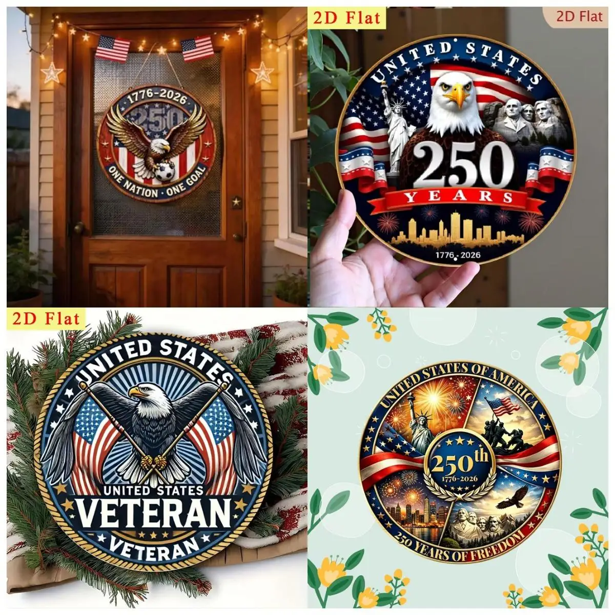 2D Flat Wooden Round Sign United States 250 Years Anniversary Eagle Statue of Liberty Wall Hanging Door Home Decor Plaque