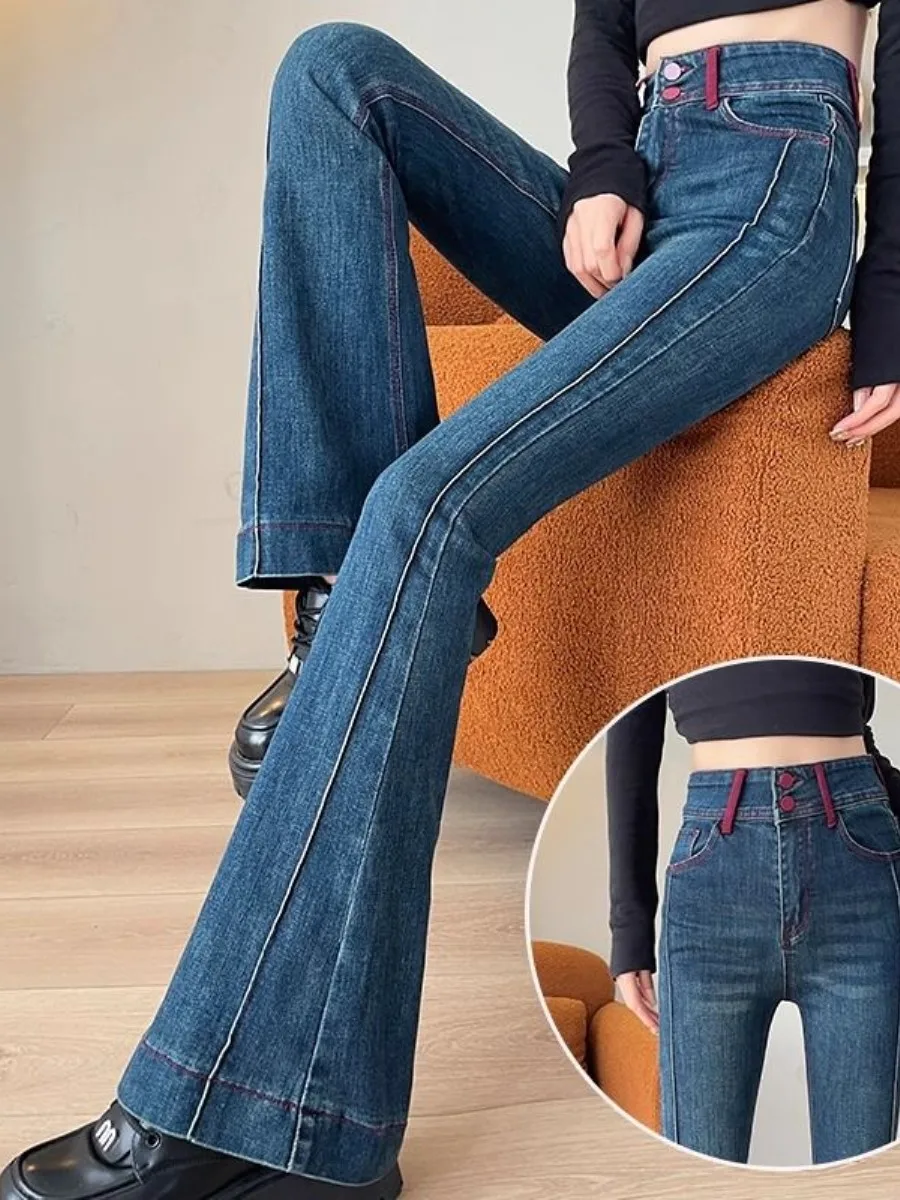 american-retro-color-block-micro-flared-denim-pants-women's-spring-autumn-new-style-hoof-pants-two-piece-set
