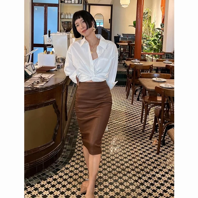 

Spring Summer New Sle eepskin Real Leather Skirt High Waist Midi f Body Skirt 3D Splicing Casual Pure Color A-Line Skirt