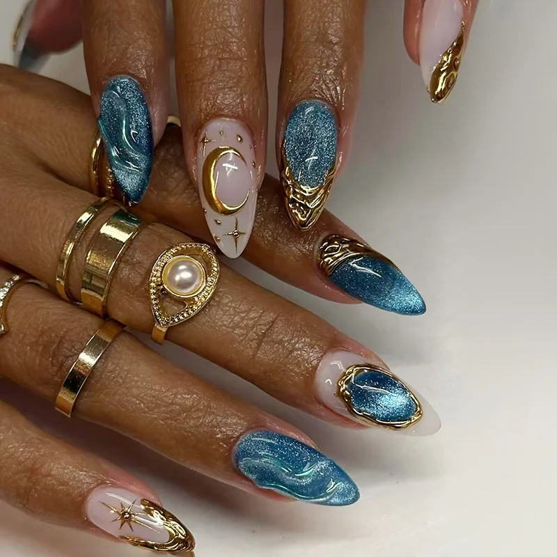 

24Pcs Blue Cat's Eye Fake Nails Press on 3D Gilded Starburst Moon French Full Cover Nails Tips Detachable Artificial False Nails