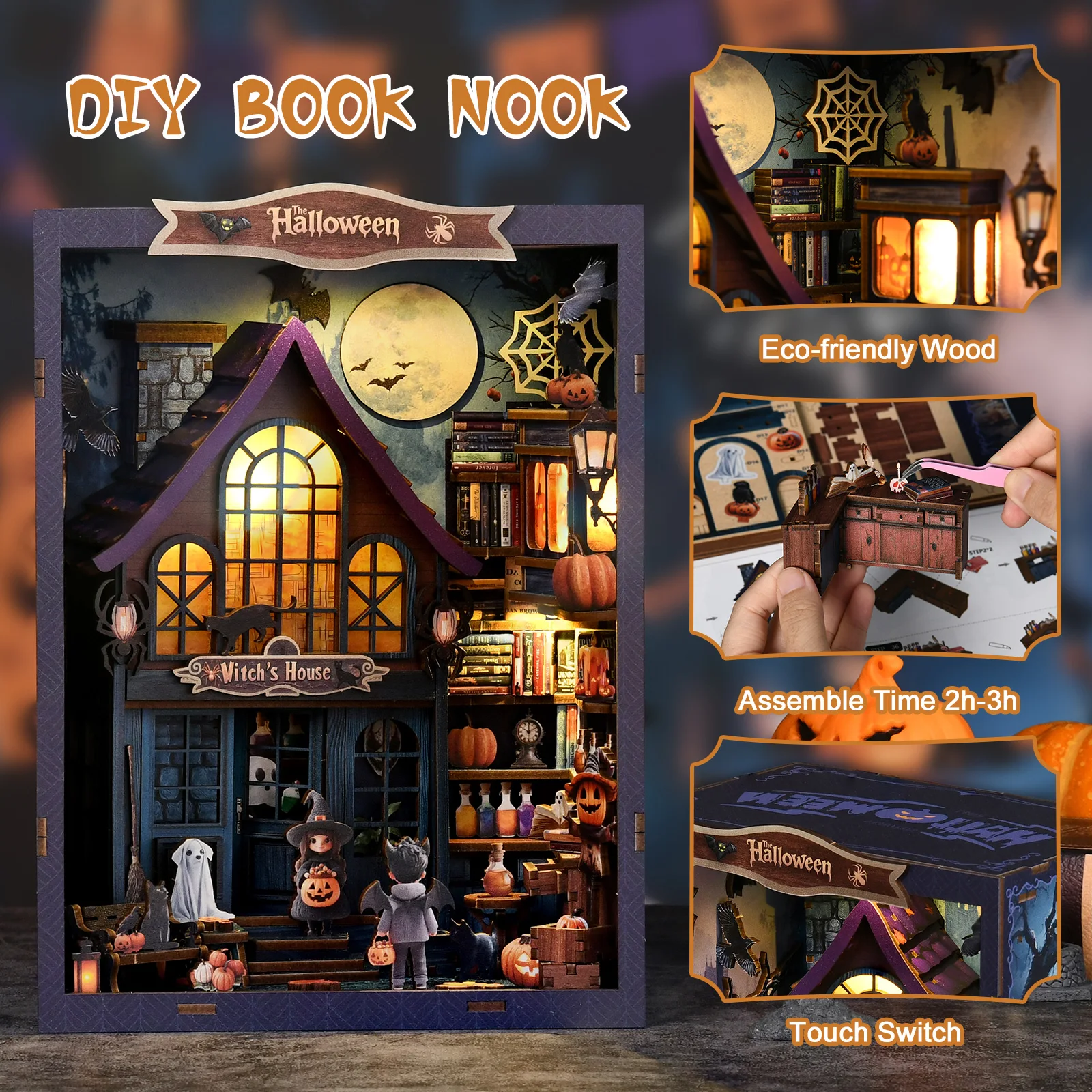 3d diy castelo de halloween maravilhoso noite casa de boneca caixa de madeira móveis em miniatura lanterna led livro artesanal modelo montagem brinquedos