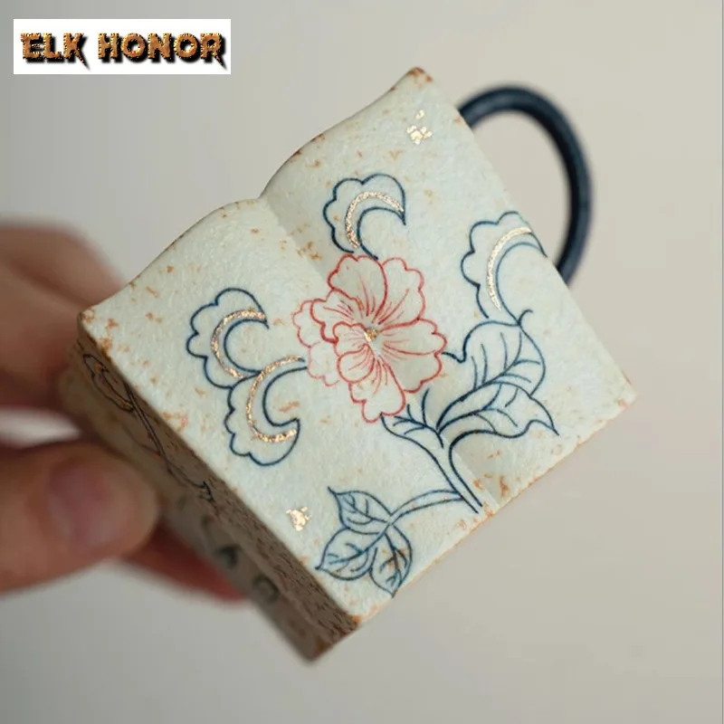 90ML Pure Hand-painted Hibiscus Flower Square Tea Cup Blue And White Flint Red Master Cup With Handle Small Coffee Mug Drinkware