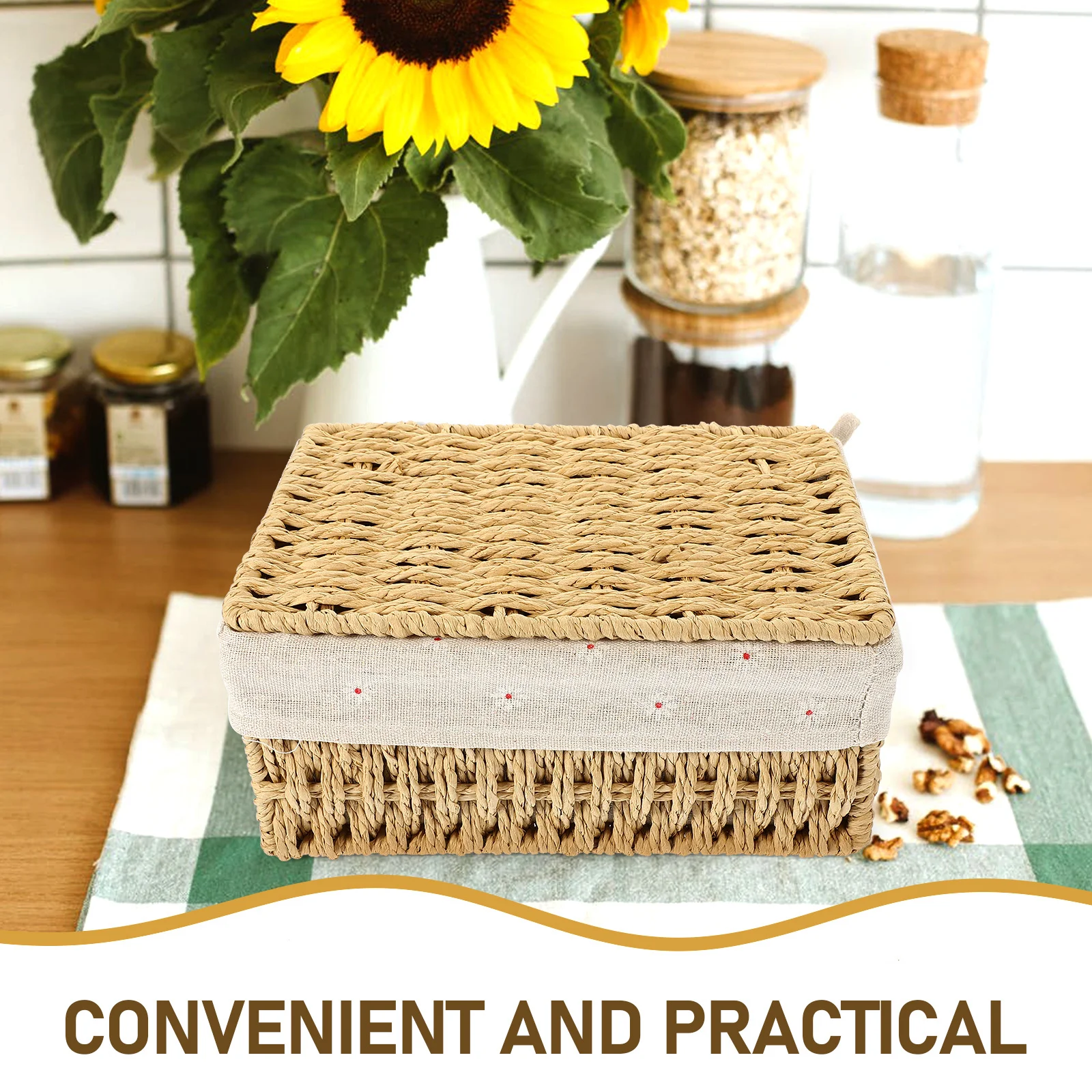 

2Pcs Lidded Wicker Storage Basket Set Removable Cotton Linen Liners Bathroom Nursery Kitchen Decorative Organizer