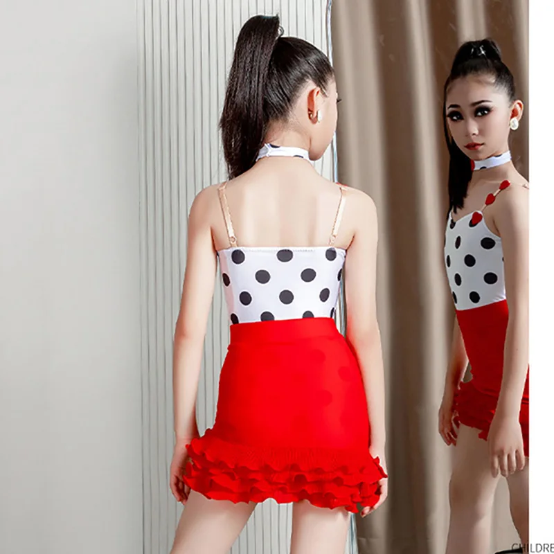 Kids Girls Latin Dance Costumes Dot Strap Bodysuit and Ruffles Skirts Sets Children's Rumba Chacha Performance Dancewear