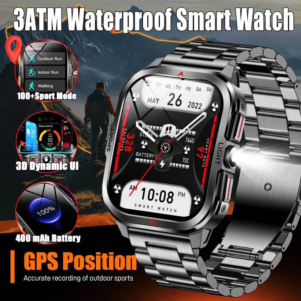 

Outdoor Sport 3ATM Waterproof Smart Watch Men 2.01Inch Screen 400mAh Battery LED Flashlight BT Call Smartwatch For HUAWEI XIAOMI