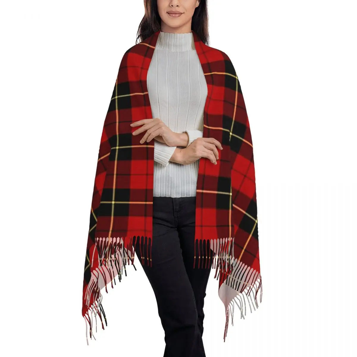 Clan Wallace Tartan Classic Red And Black Plaid Scarf Tassel Scarves Women Warm Shawls and Wraps Large Fall Winter Shawl Wrap