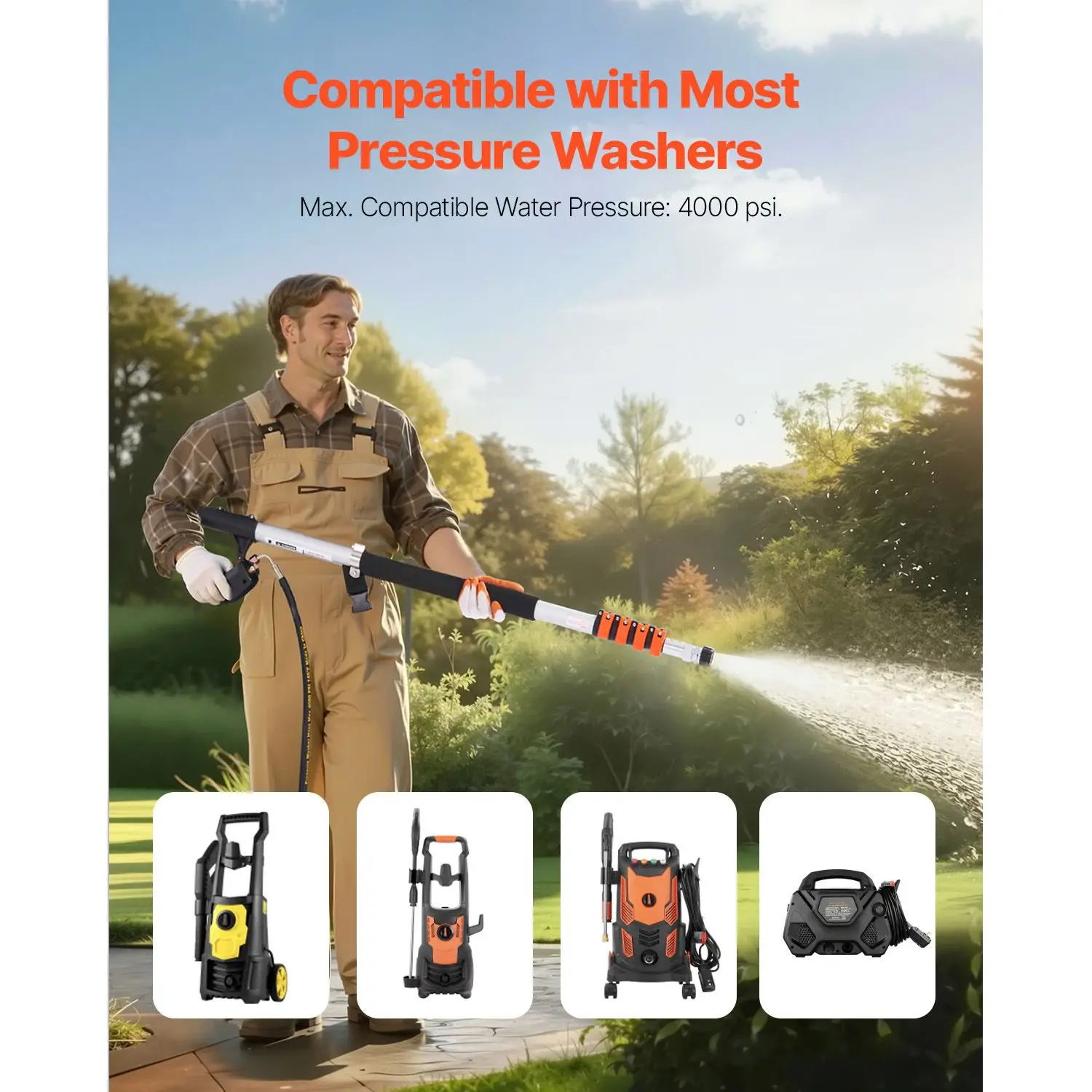 Pressure Washer Telescoping Wand, 24 ft, 4000 psi, Telescopic Spray with Power Extension, Gutter Cleaner, Brush Head, Pivoting