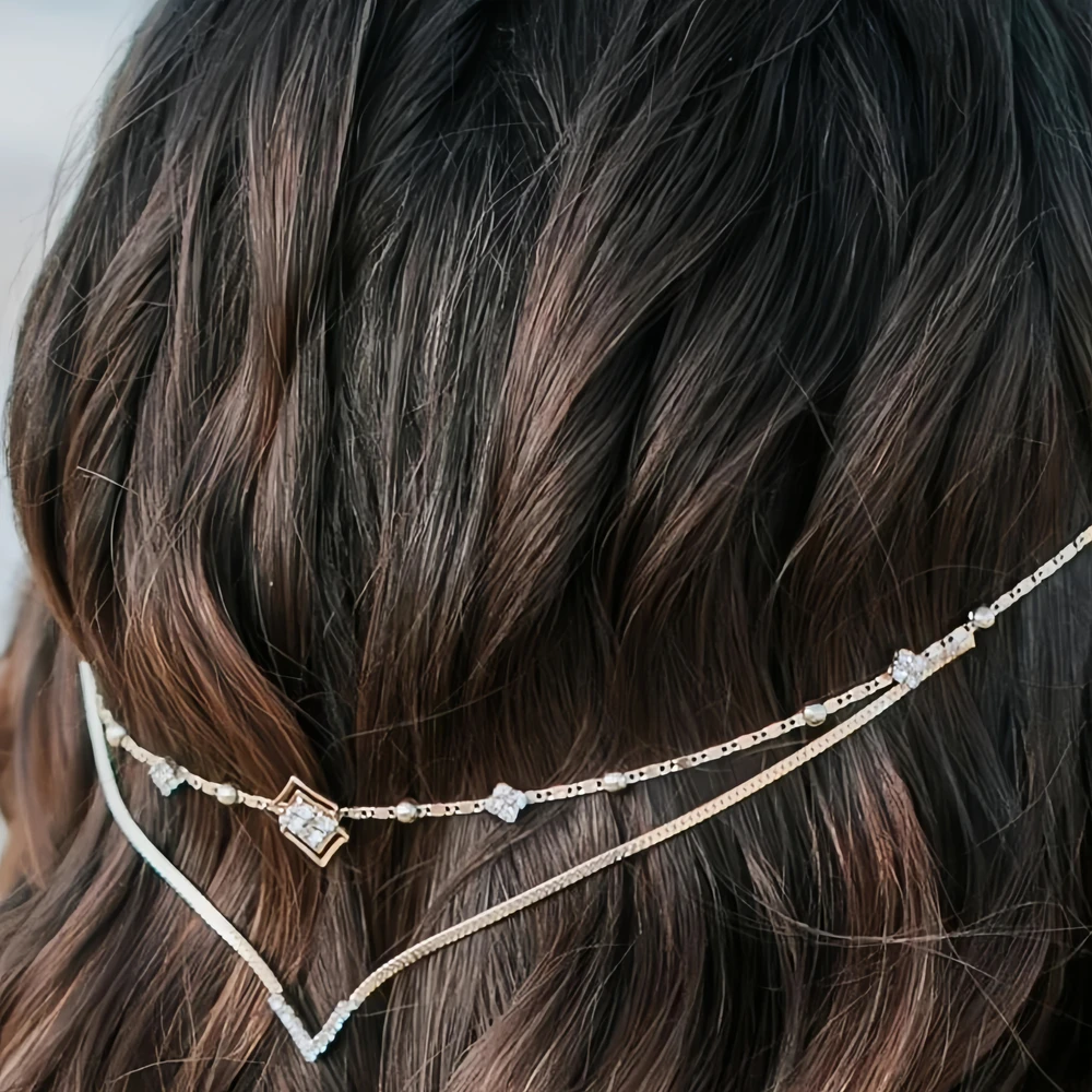 XSBODY Charm Rhinestone V Hair Chain Headband Indian Head Decoration Symmetrical Geometric Crystal Bridal Headdress for Wedding