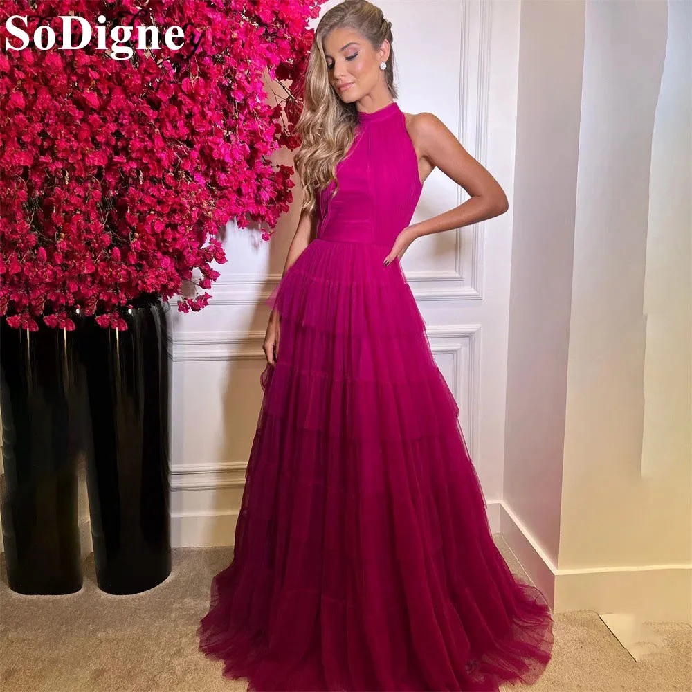 

SoDigne Fuchsia High Neck Sleeveless Evening Dresses Pleated A-Line Tiered 2024 Elegant Formal Occasion Prom Gown for Women