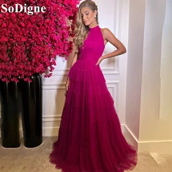 SoDigne Fuchsia High Neck Sleeveless Evening Dresses Pleated A-Line Tiered 2024 Elegant Formal Occasion Prom Gown for Women