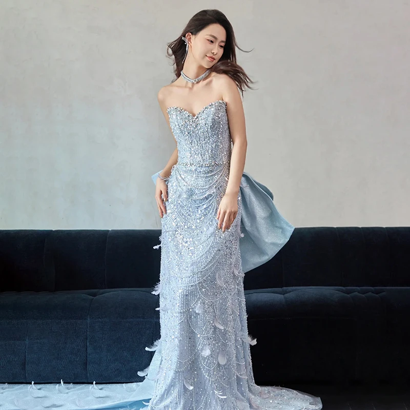 Heavy industry bandeau blue evening dress light luxury luxury feather sequins bow tail toast dress banquet host fishtail dress