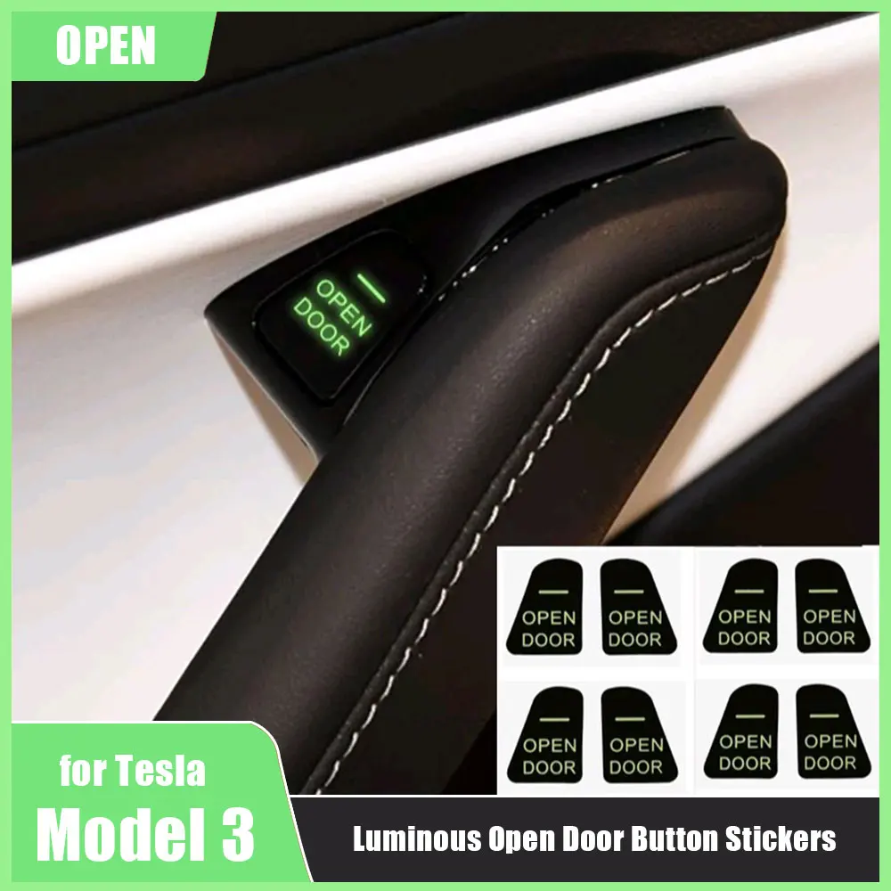 8pcs Luminous Car Open Door Button Stickers Reminder Door Open Sticker Armrest Window Lift Button Switch for Tesla Model 3 Y