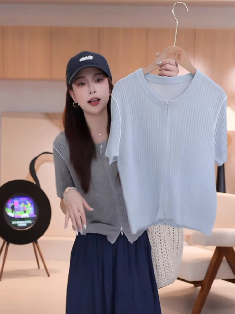 Schicke runde Ne Ice Silk gestrickte ort Sve Cardigan Dual-Reißverschluss-Design koreanische Sle faionable Sommer einfache Strickwaren