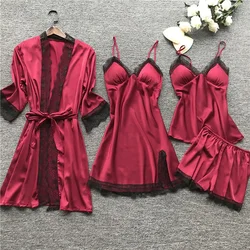 Nightdress Pajamas Set 4PCS Home Clothes Lace Dress Nightgown Nightwear Robe Sleepwear Solid Color Comfortable