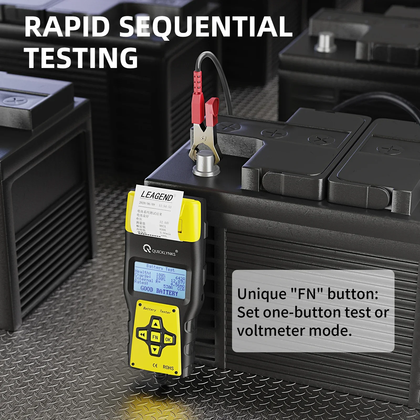 2025년 핫세일 퀵링크스 BA1000 리튬이온 배터리 테스터 (차량용 12V, 프린터 포함) 자동차 배터리 테스터 (프린트 기능 포함) 6V 12V