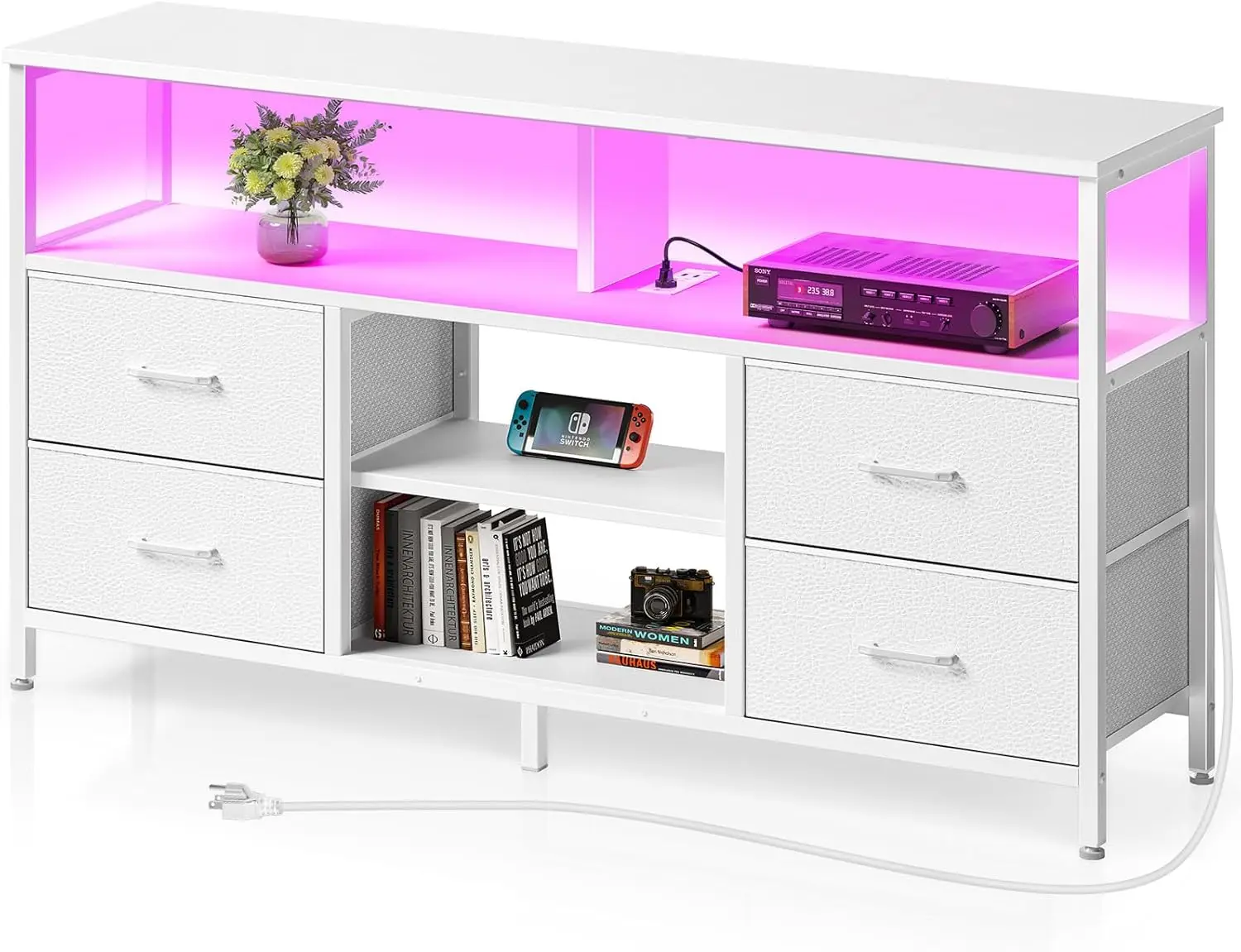 TV Stand with Power Outlets and LED Light, 4 Fabric Drawers Entertainment Center for 32/45/55/65 inch TVs, Media Console , White