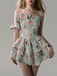 French Design Floral Strapless Dress Women Summer New Holiday Casual Y2k Dress Female Fashion Slimming Irregular Mini Dress 2024